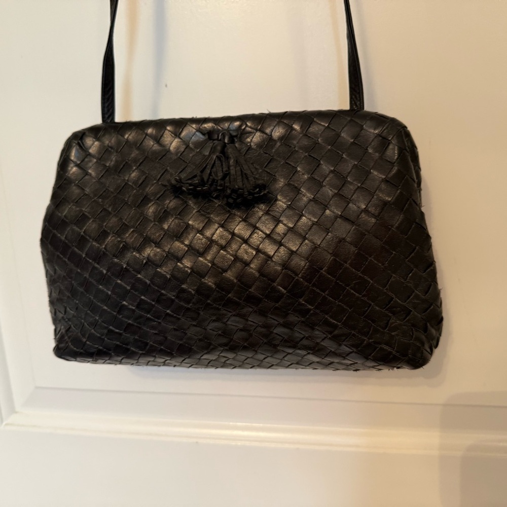 MEYERS USA CROSSBODY BAG BLACK LEATHER WOVEN BASKET WEAVE VINTAGE KISSLOCK HINGE - Picture 4 of 16